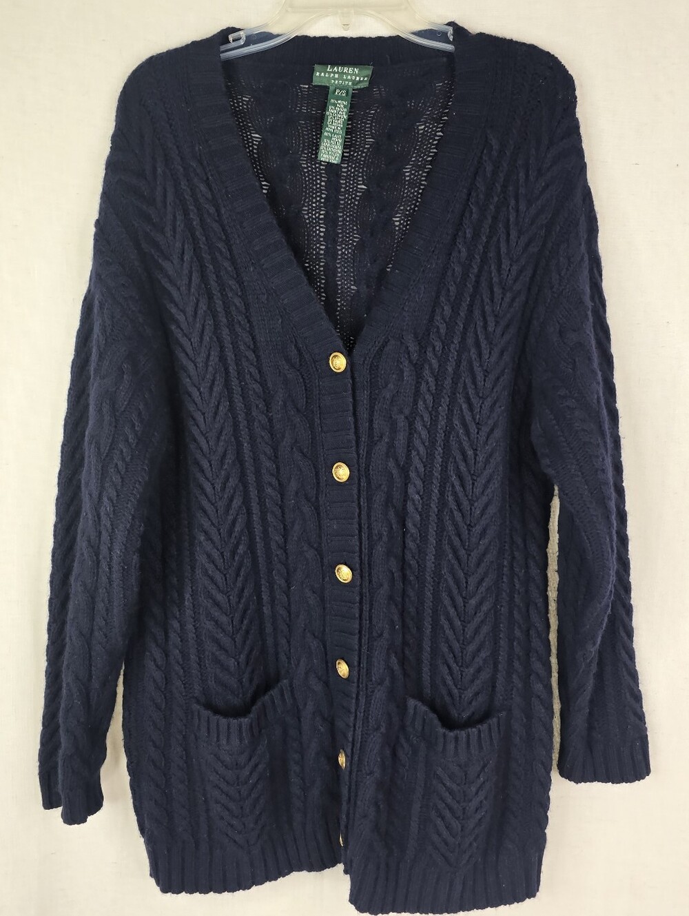 Lauren Ralph Womens Long Small Merino Wool Angora Cashmere Blend Navy Cardigan
